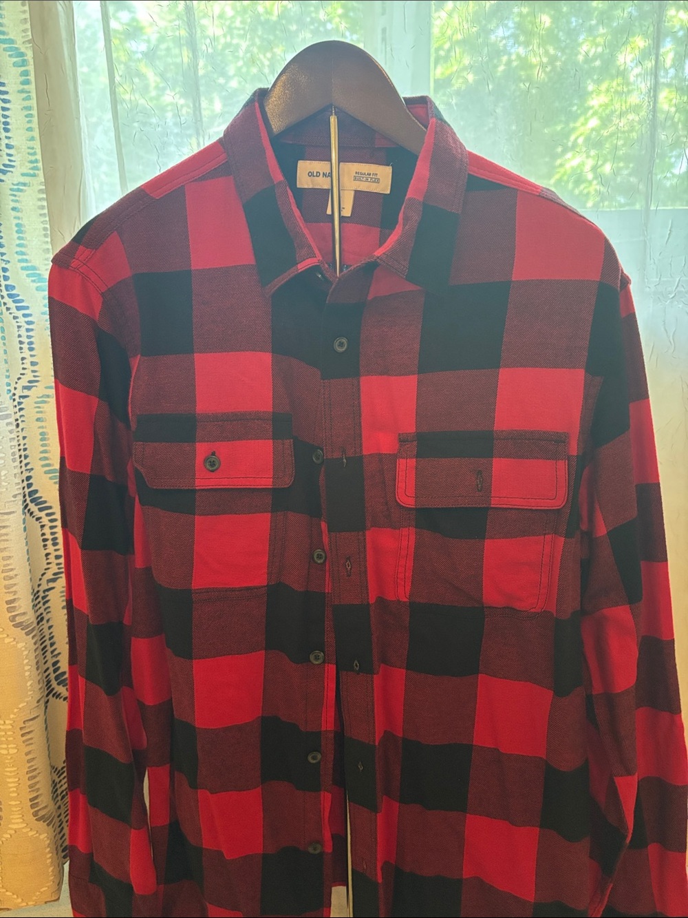 Old Navy Men’s Red and Black Buffalo Plaid Button-Up Shirt